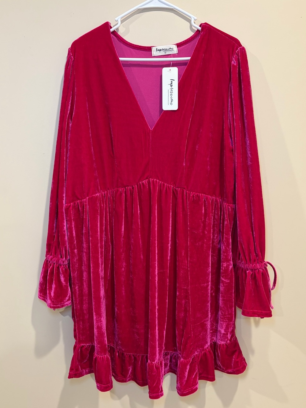 NWT Impressions Hot Pink Velvet Babydoll Mini Dress Size 1X Boutique